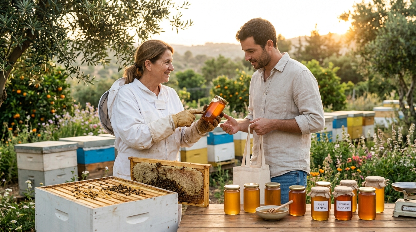 אשה קונה דבש מהכוורת